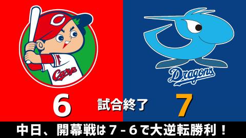 3月26日(金)　セ・リーグ開幕戦「広島vs.中日」【試合結果、打席結果】　中日、開幕戦は7-6で大逆転勝利！！！