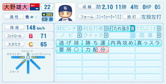 中日・大野雄大、『パワプロ2026』9月10日(木)アップデートでの選手能力査定は…？