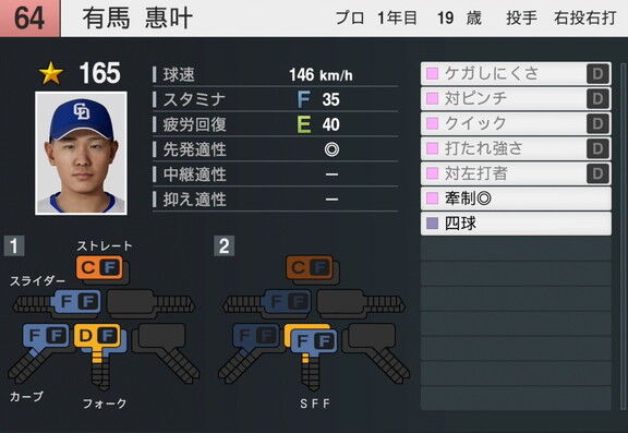 4月21日(月)に『プロスピ2025』アップデート!!! 中日ドラフト6位・有馬惠叶の選手能力査定