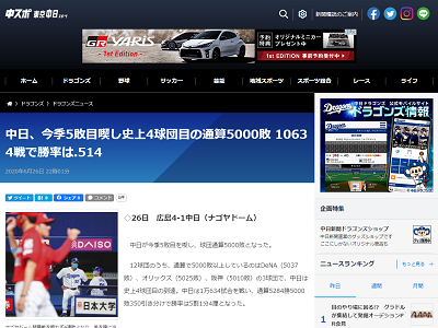 中日ドラゴンズがプロ野球史上4球団目の通算5000敗に到達　現在の通算勝率は…【年度別成績 (1936～2020)】