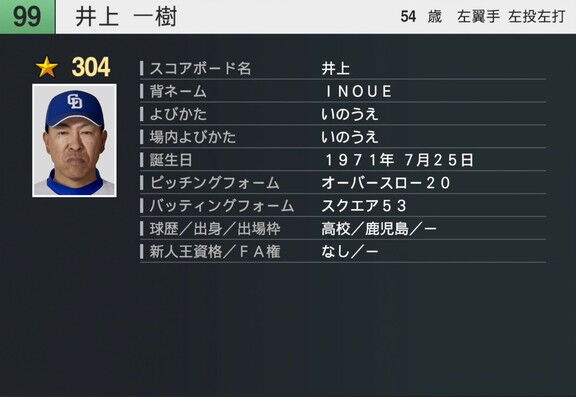 4月21日(月)に『プロスピ2025』アップデート!!! OB選手、中日・井上一樹監督の選手能力査定