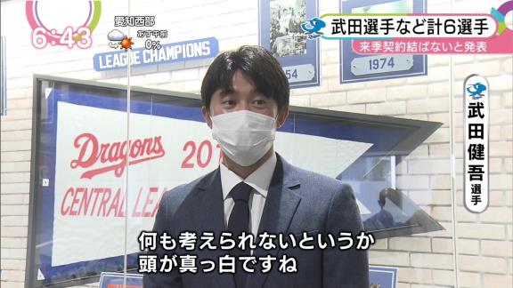 中日・加藤球団代表、武田健吾選手の戦力外通告の理由を明かす「若い選手をどうしてもね。チャンスを与えていかないといけない状況だと僕は思っているので。そういう意味での結論です」　与田監督との話し合いは「ありましたよ」