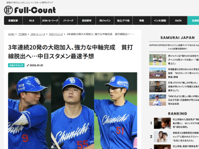 『Full-Count』による、2026年中日ドラゴンズ開幕スタメン予想