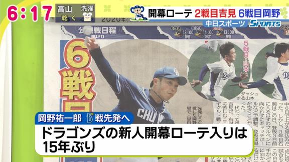 中日スポーツの開幕ローテーション予想　2戦目に吉見一起、6戦目に岡野祐一郎か