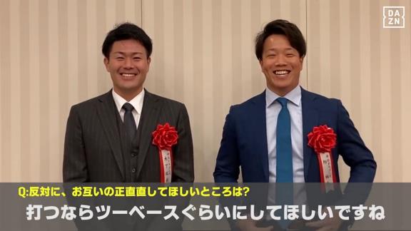 Q.お互いの正直直してほしいところは？　中日・柳裕也投手「一塁ランナーに木下さんがいると相当いいところに転がさないとちょっと『ヤベェな』という重圧があるので、走力の方も上げてもらって、打つならツーベースぐらいにしてほしいですね（笑）」