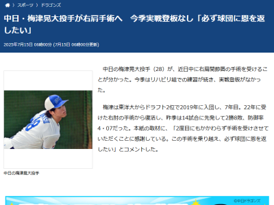 中日・梅津晃大がコメント