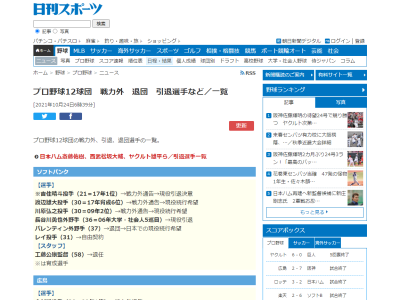 10月24日(日)　プロ野球12球団全てが一度目の戦力外通告を終える【各球団発表一覧、引退選手一覧】