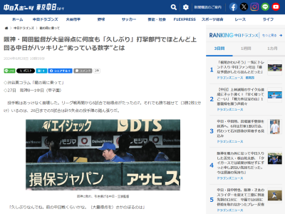 中日スポーツ「ほとんどの部門で阪神よりは上の中日打線が、ハッキリと劣っている数字がある」