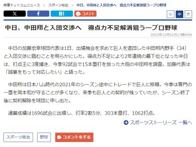 中日・加藤球団代表「誠意をもって対応したい」　中田翔と入団交渉へ