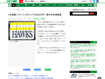 日本プロ野球選手会が2021年シーズンの球団別年俸調査結果を発表