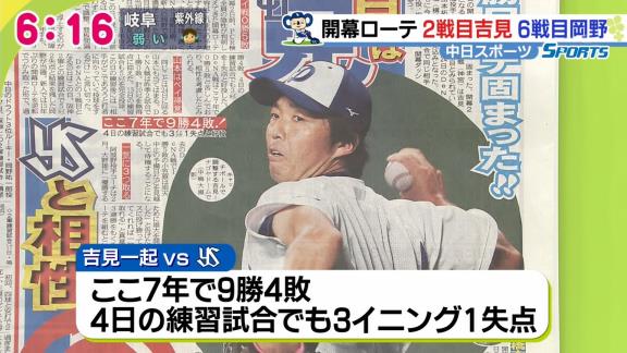 中日スポーツの開幕ローテーション予想　2戦目に吉見一起、6戦目に岡野祐一郎か