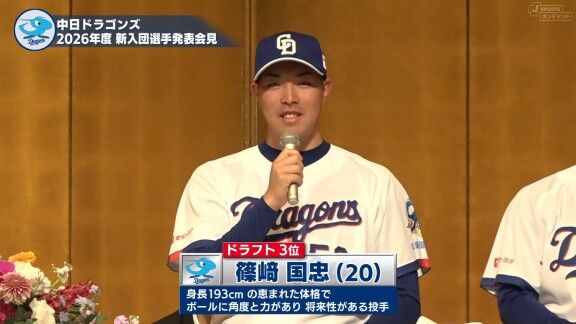 中日ドラフト3位・篠﨑国忠「夢であったプロ野球のユニフォームに袖を通せて、まず嬉しいという気持ちと、独立リーグの時のユニフォームと違って凄く良い素材なので嬉しいです(笑)」 井上一樹監督「(笑)」