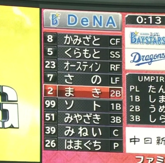 バンテリンドームのスコアボード「たかはししゅう」「きのしたたく」