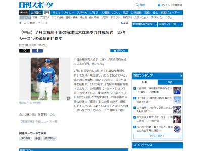 中日・梅津晃大、来季は育成契約に… 2027年シーズンの復帰を目指す