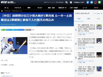 中日・三ツ俣大樹が1軍合流！！！　ドラ3・土田龍空は2軍練習に参加で入れ替えの見込み