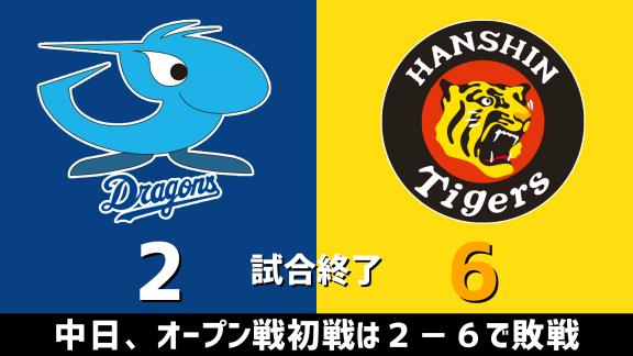 2月22日(土)　オープン戦「中日vs.阪神」　スコア速報