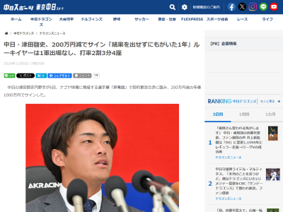 中日・津田啓史、今年1年間を振り返って…
