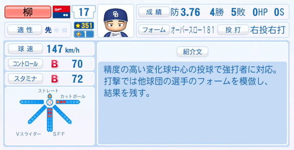 中日・柳裕也、9月25日(木)『パワプロ2025』アップデートでの選手能力査定