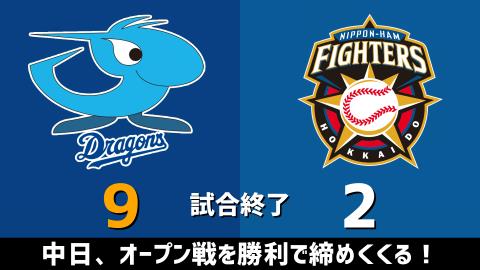 3月21日(日)　オープン戦「中日vs.日本ハム」【試合結果、打席結果】　中日、オープン戦を9-2の勝利で締めくくる！！！