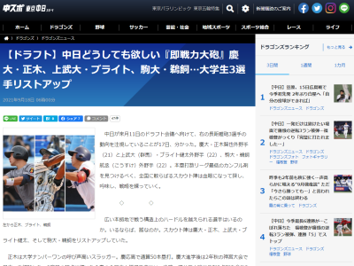 中日が2021年ドラフトで狙うのは…右の大砲！　慶大・正木智也、上武大・ブライト健太、駒大・鵜飼航丞をリストアップ！！！