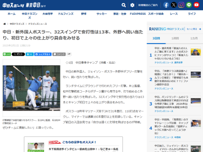 中日新助っ人・ボスラー、沖縄春季キャンプのフリー打撃結果は…