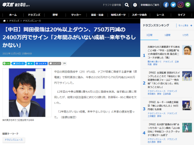 中日・岡田俊哉、750万円ダウンの年俸2400万円でサイン…「2年間ふがいない成績。来年やるしかない」