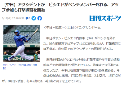 中日・ビシエド、アクシデントの可能性…？