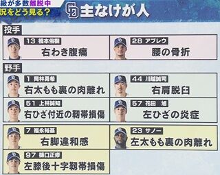サンデードラゴンズによる“中日ドラゴンズ 主なケガ人”一覧　実戦を遠ざかっているブライト健太は現時点では不明