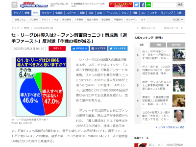 『スポニチ』が緊急アンケートを実施、その結果は…？　Q.セ・リーグはDH制を導入すべき？　Q.セ・パの実力差はある？　Q.セ・パの実力差はDH制が影響？