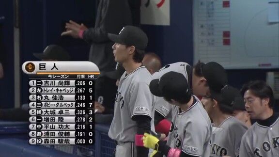 中日・細川成也が外野フェンスにぶら下がる → 他の選手達がそれを見つめる
