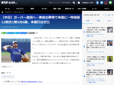 中日スポーツ「ガーバー退団へ…。球団は来季契約について明らかにしていないが、そのまま退団となる可能性が高い」