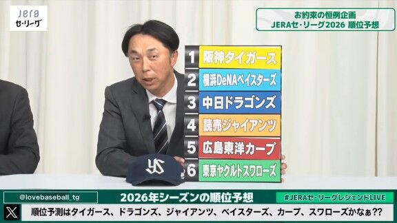 『JERAセ・リーグ レジェンドLIVE2026』解説者6人によるセ・リーグ順位予想一覧