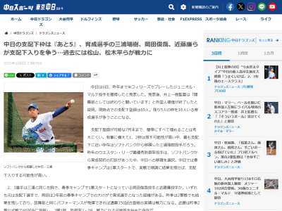 中日スポーツ「現時点での支配下登録は65人。残り5人の枠を16人いる育成選手が争うことになる」「最も支配下に近い存在は…」