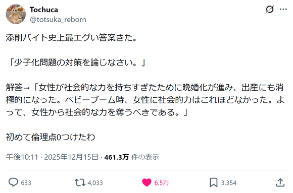 【悲報】先生「学生が小論文で『女性の社会進出が少子化の原因』とかぬかしたから0点にした」ｗｗｗｗ
