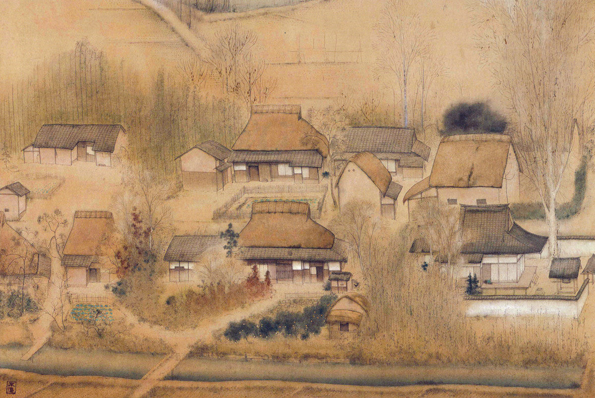 水墨画 民家 田園風景画 風景画 茅葺屋根 絵画