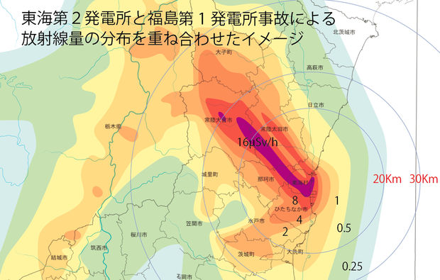 福島第1原発事故の放射線汚染地図を東海原発に重ね合わせた