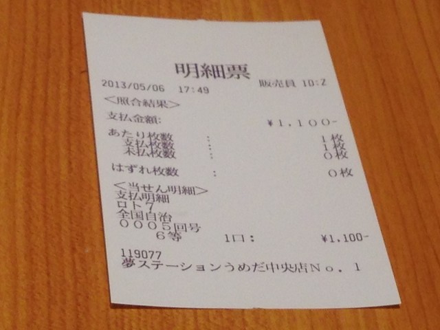 ロトセブン 6等当たりました 関西 凸凹お散歩日和より