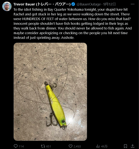 【悲報】DeNAバウアーが激怒！「横浜ベイクォーターで釣りをしていたバカへ」