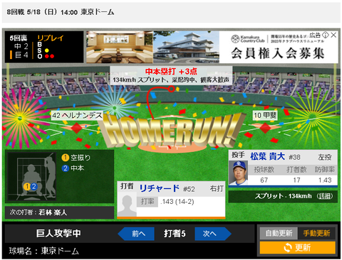 【悲報】松葉貴大、リチャードに逆転ホームラン打たれる・・・