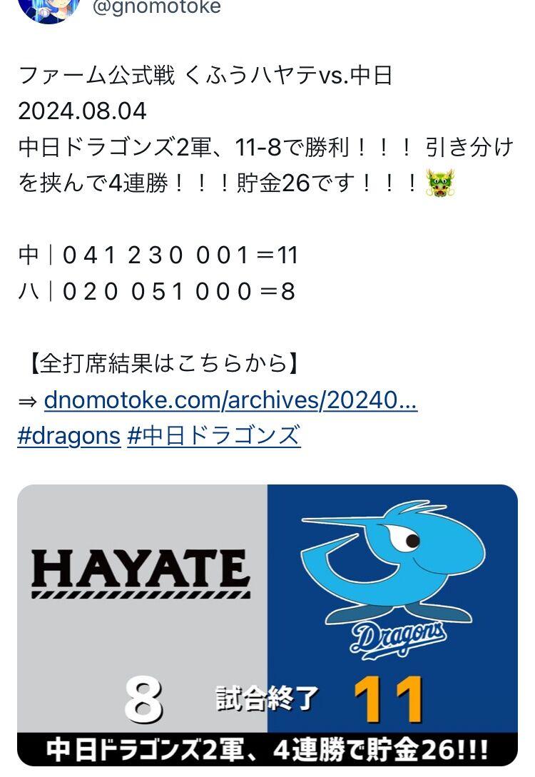 【朗報】中日ドラゴンズ2軍、めちゃくちゃ強い！！！