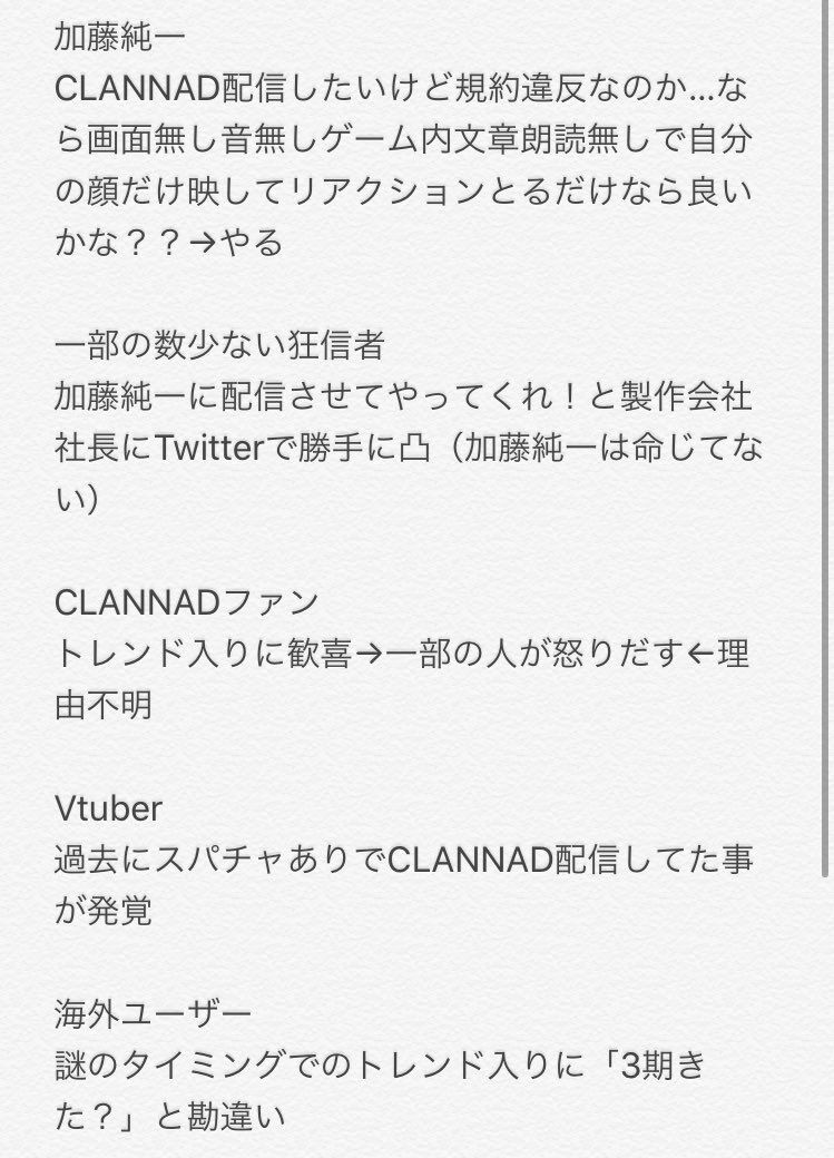 悲報 加藤純一さん 配信禁止のクラナドを画面なしで配信 ファン がkey代表に配信許可を求めリプ トレンド入りしてvtuberが過去にスパチャありで配信していたことが判明 同人速報