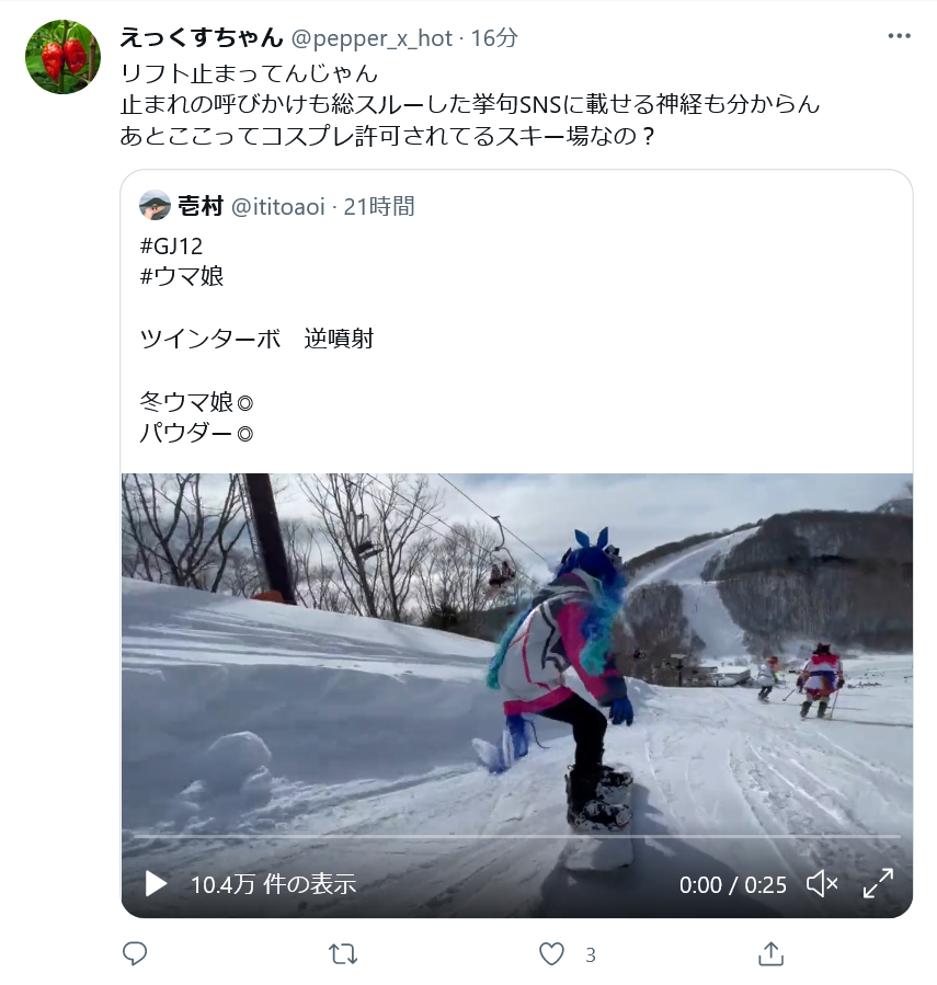 スキー場でウマ娘のコスプレをした方に 滑走禁止区域を滑るのは迷惑行為だ と言う人が出る 動画投稿者 ゲレンデパトロール長に問題ないと確認済み 同人速報