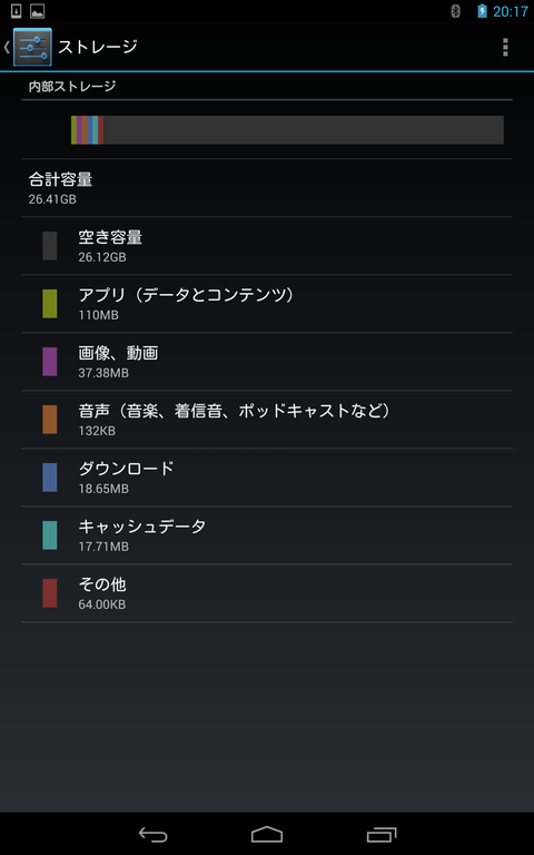 新型NEXUS7の内部ストレージ状況（空き容量やアプリ占有）
