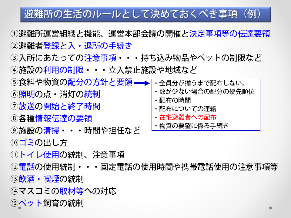 避難所の生活のルールとして決めておくべき事項(例)