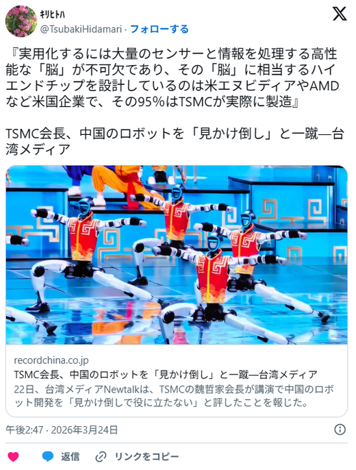 TSMC 회장 '중국 로봇은 겉보기뿐'