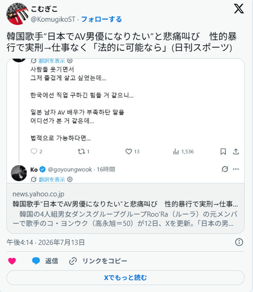 실형 전과가 있는 50대 한국인 가수의 일본 AV 배우 도전 희망 소식에 분노한 현지 반응