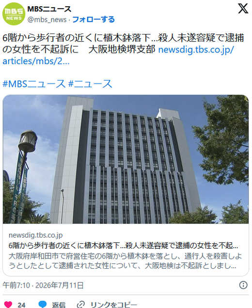 한국 국적 여성의 6층 화분 투척 사건 불기소 판결