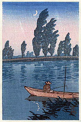 川瀬巴水　月夜の釣り　Postcard