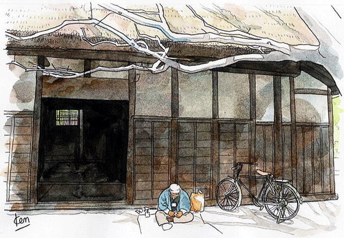 森田健二郎の水彩画　日だまりで手仕事をする農夫