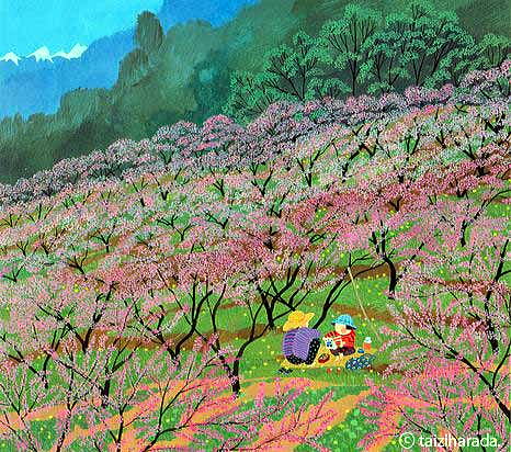 原田泰治　春　モモの花　山梨　　一宮